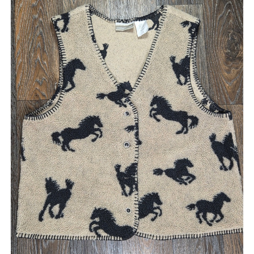 Coldwater Creek Horse Print Fleece Vest Tan Black Western Equestrian Size M USA